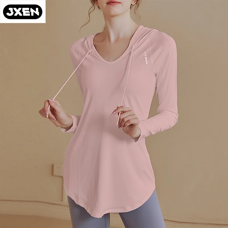 Ropa de entrenamiento para mujer, Top deportivo informal de manga larga, ropa de Yoga de longitud media, Top con capucha, suéter de entrenamiento, otoño