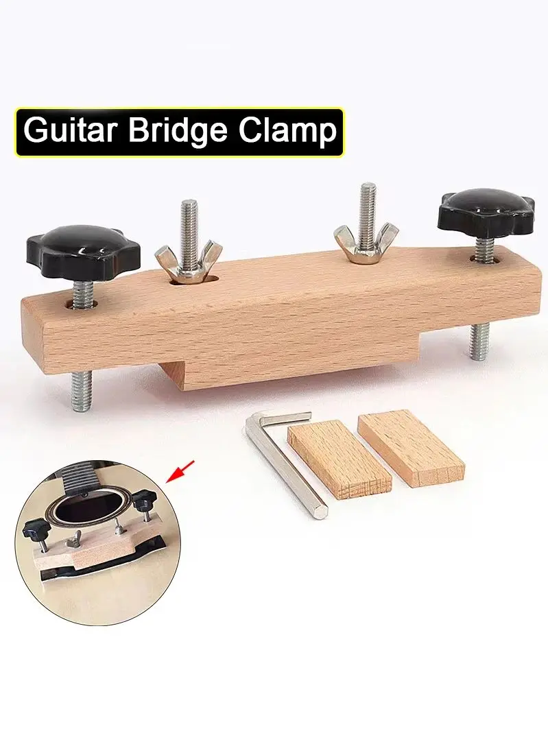 Massivholz-Gitarrenbrücken-Klemmenset mit Holzblock & L-Schlüssel für Einsteiger-Akustikgitarren, Gitarrenbauer-Reparatur- und Pflegewerkzeuge – Detail 1