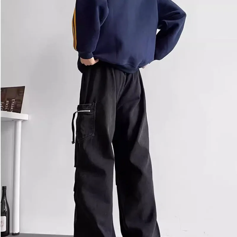 الكورية شارع العليا الرجعية مطوي الجينز الرجال الجينز عارضة فضفاض عالية الخصر الجينز عمال السراويل #4