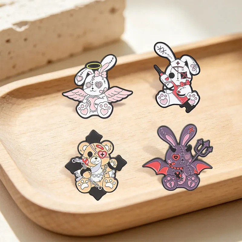 Gothic Voodoo Doll Enamel Pins Cartoon Stitched Bear Rabbit Spooky Patchwork Halloween Brooches Lapel Badge Party Jewelry Gifts 5