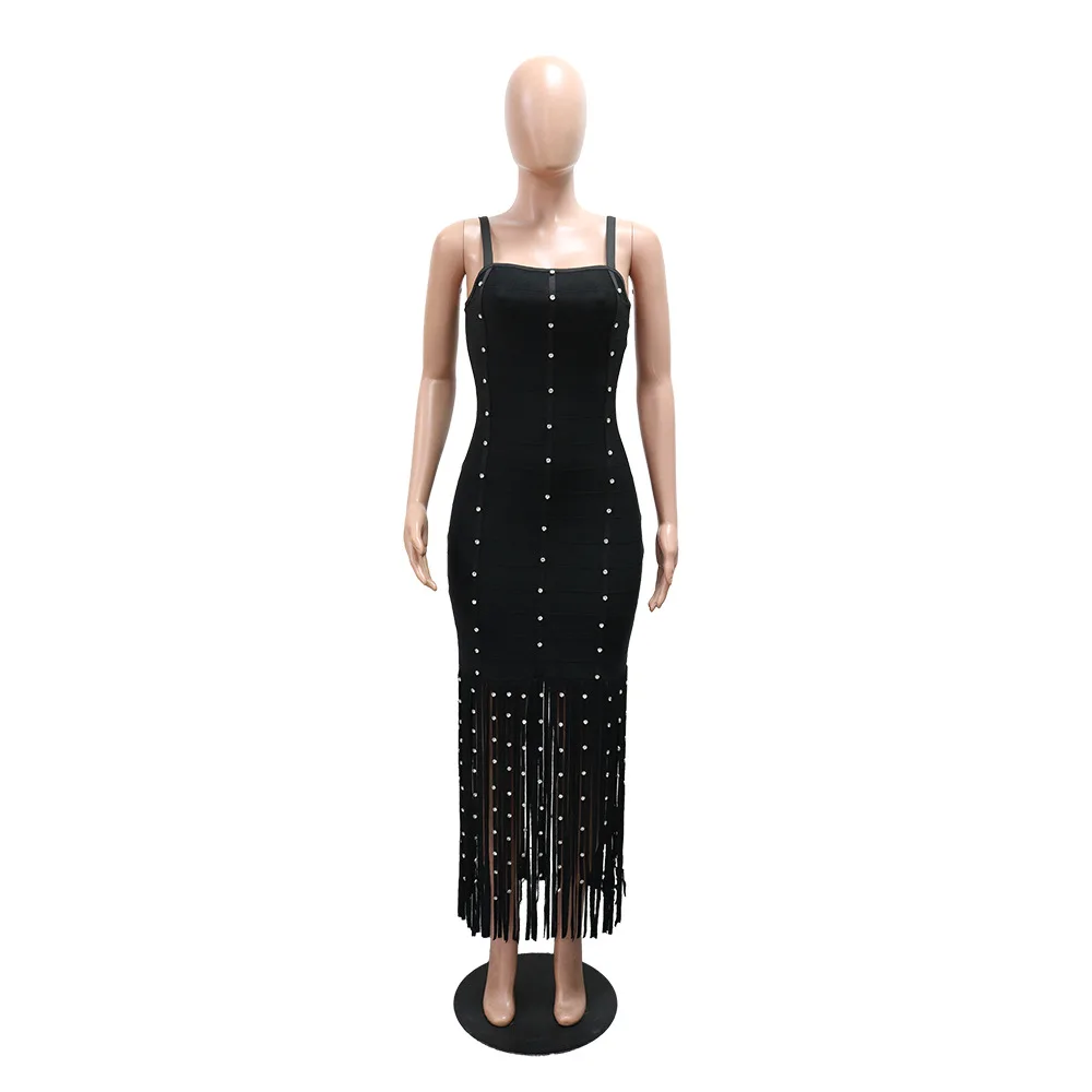 

Black Dashiki African Dresses for Women 2025 Summer Sexy African Sleeveless Polyester Party Evening Tassel Long Dress Outfits