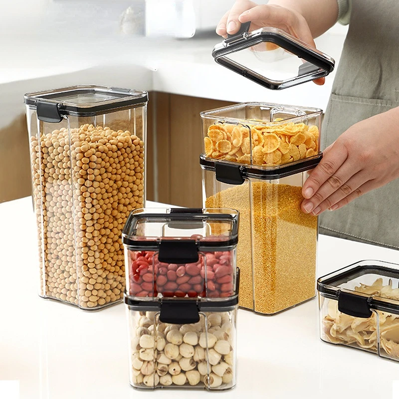 Plastic Storage Box Transparent Food Storage Containers Cereal Dispenser Spice Jars Refrigerator Kitchen Organizers for Pantry