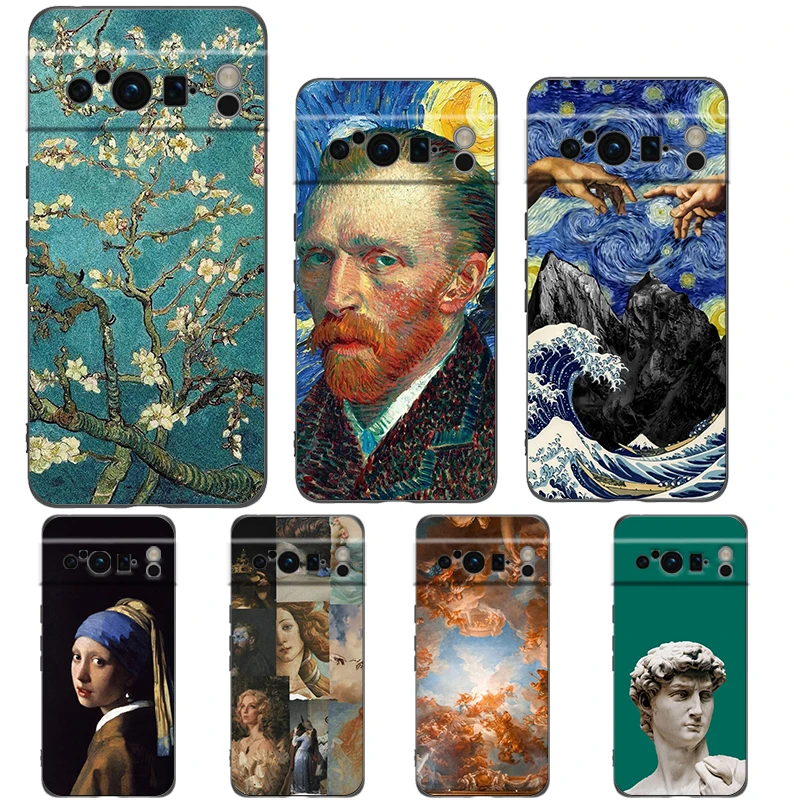 Mona Lisa Van gogh Oil Painting Art For Google Pixel 8 7 6 Pro 6A 5G Black Phone Case Soft Shockproof Back Cover TPU Shell Coque