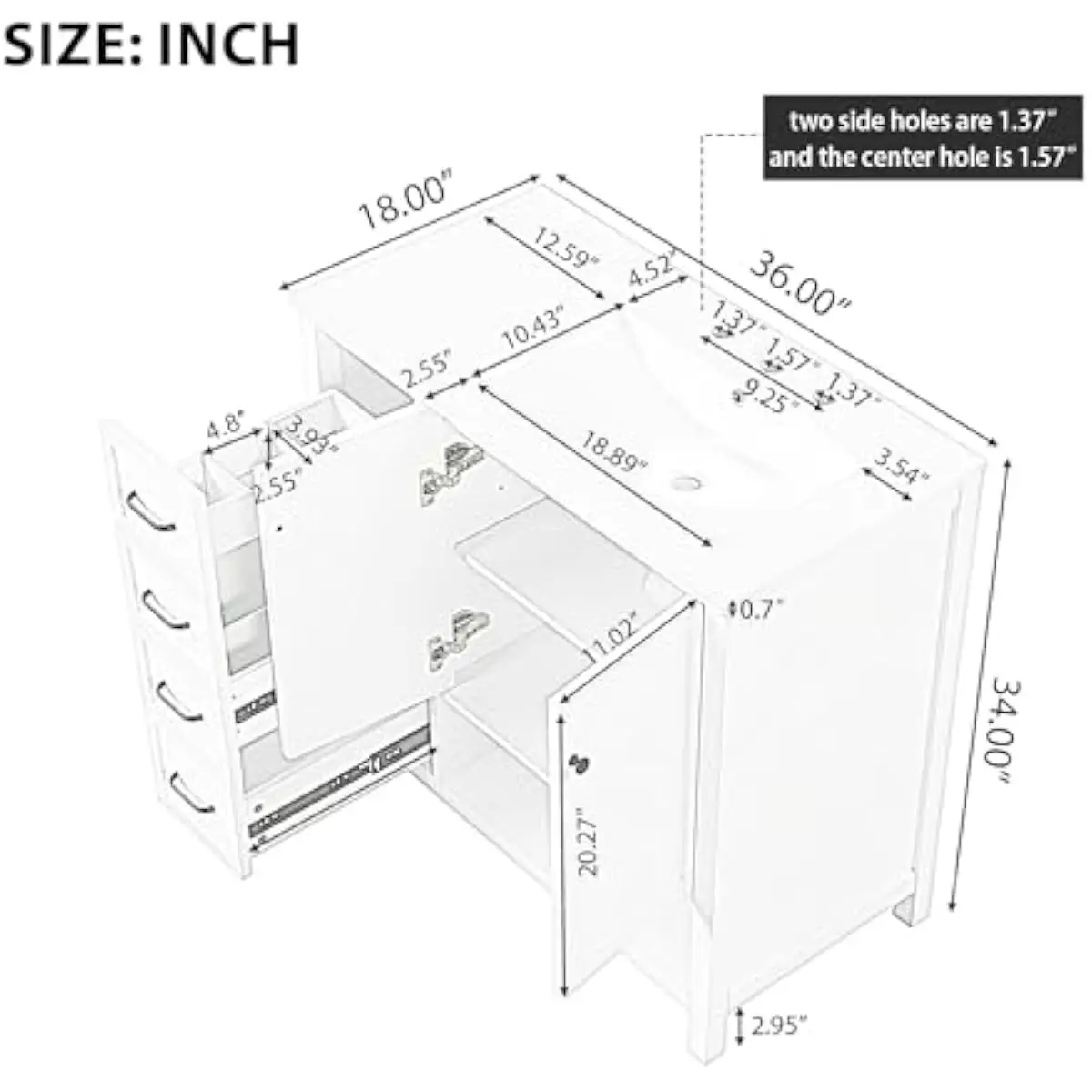 36 Inch Freestanding Bathroom Vanity with Right-Sided Ceramic Basin Smooth Glossy Overflow Design Two Doors One Open Shelf Two D