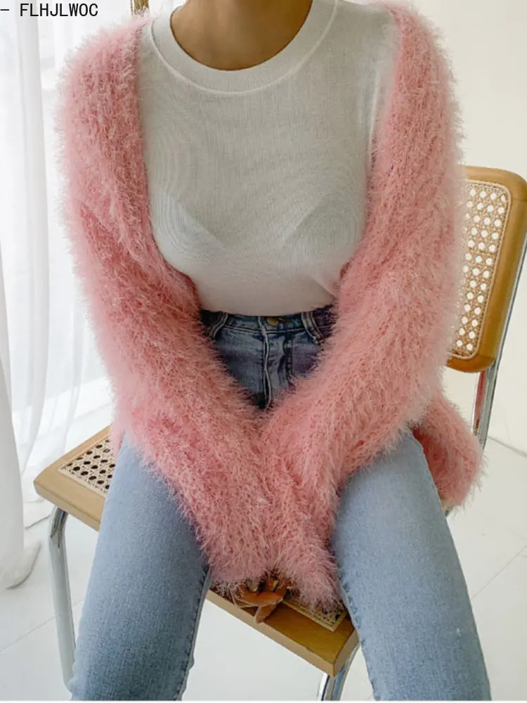 Chic Korean Cute Clothes Autumn Winter Women Long Sleeve Casual Loose Lazy Girls Purple Pink Knitted Sweater Cardigans