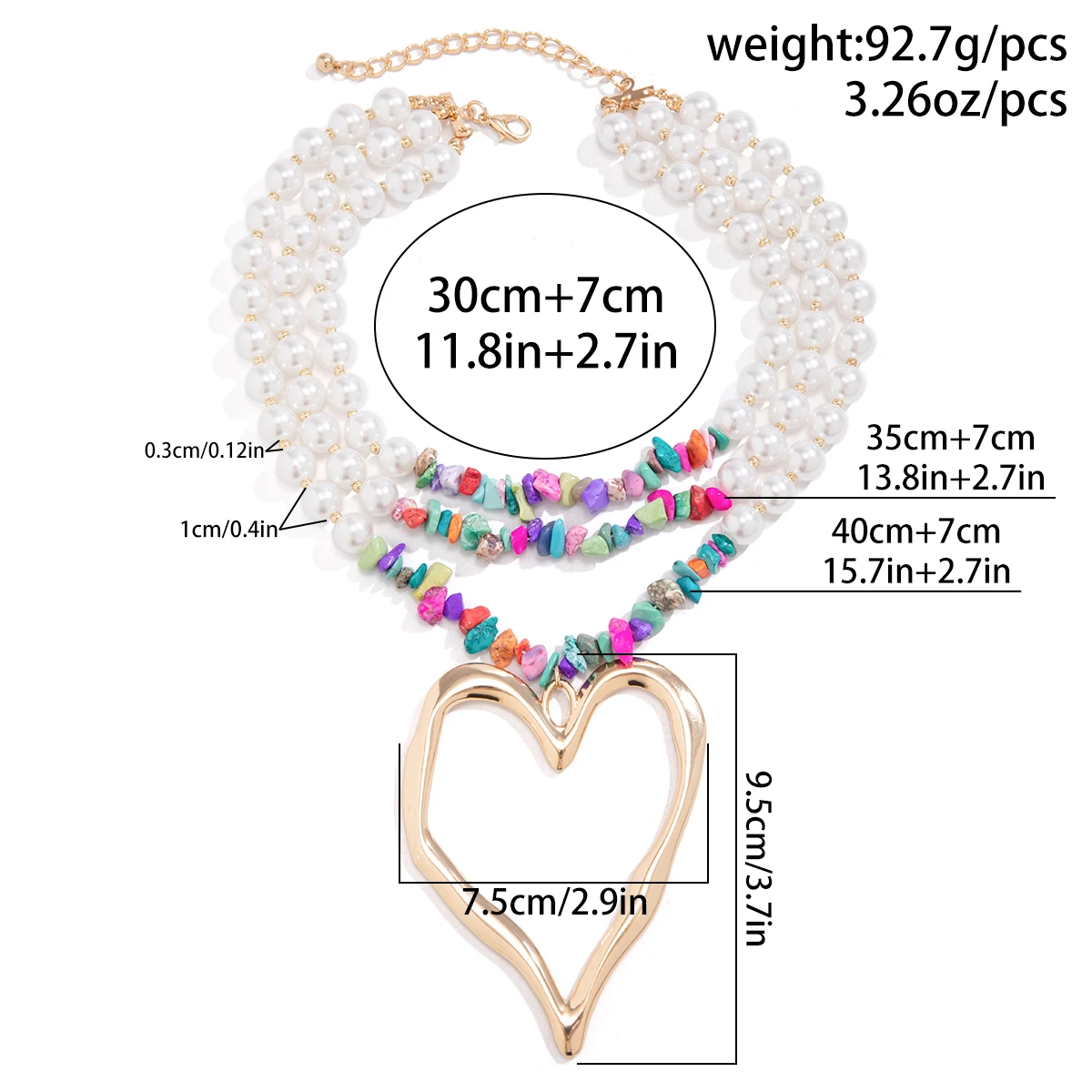 IngeSight.Z Exaggerated Multi-layer Imitation Pearl Large Peach Heart Pendant Necklace Women Bohemian Colored Stone Choker Neck