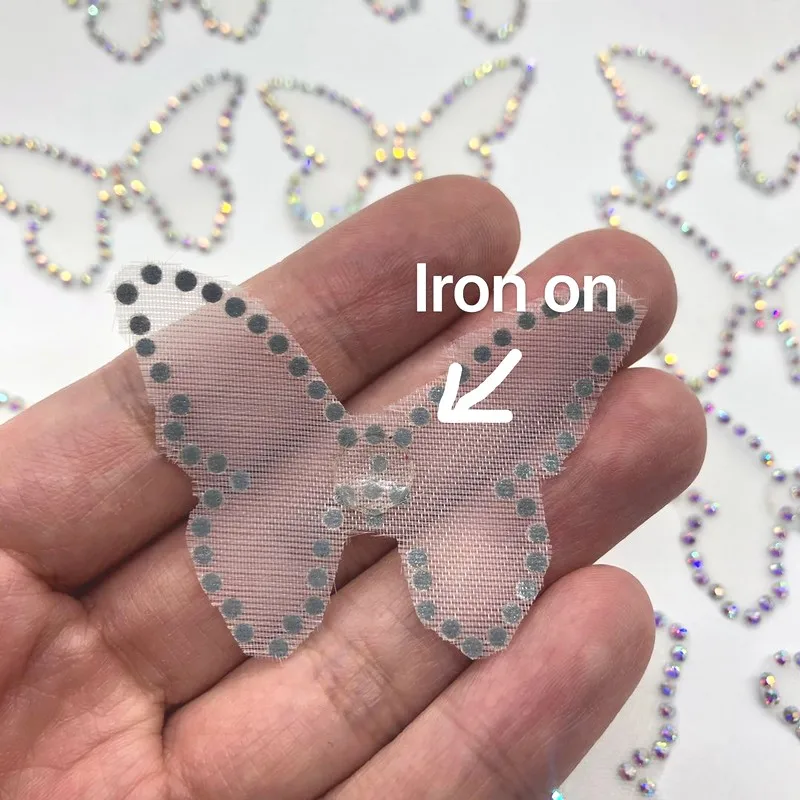 3D Diamond Crystal AB Iron on Hotfix Butterfly Applique Patch Motif Organza with Stones for Wedding Dress, Skating Dress