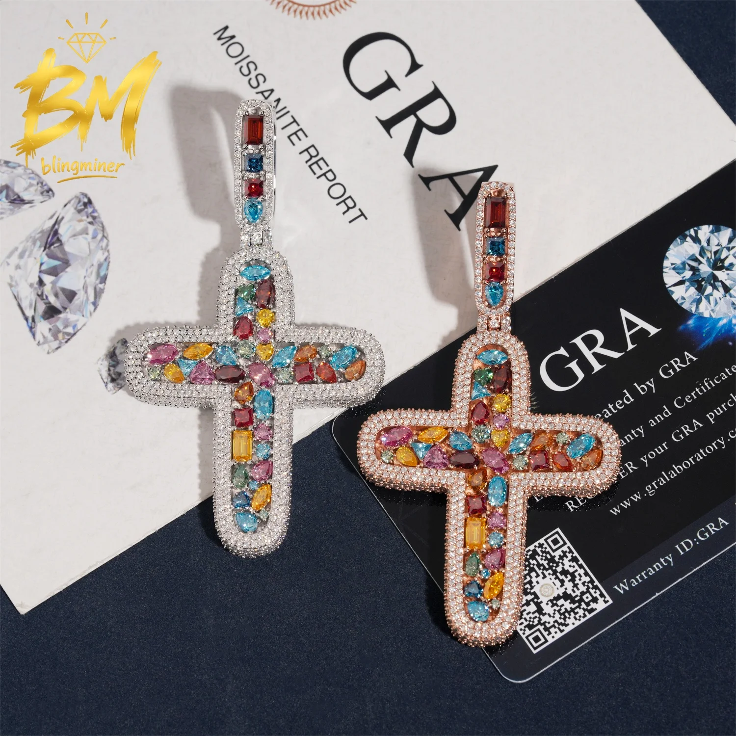 Blingminer Rainbow Color Cross VVS Moissanite Pendant For Men Women S925 Silver Pendants  Pass Diamonds Tester Free Shipping