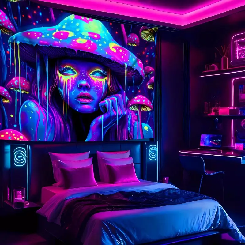 Ultraviolet Night Light Psychedelic Mushroom Girl Tapestry Fantasy Portrait Wall Tapestry e-Sports Room Bedroom Home Decor