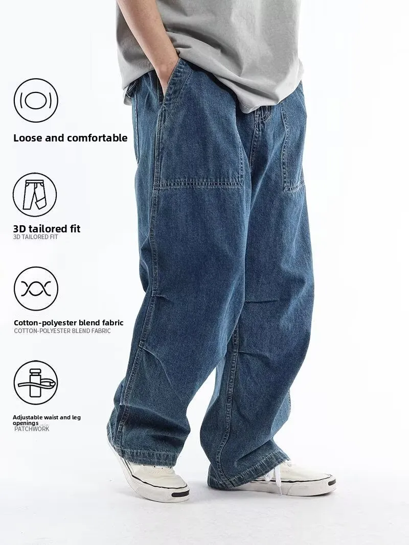 

plus Size American Retro Multi-Pocket Straight Leg Denim Jeans Men's Fat 300 Pounds Trendy Loose Wide Leg Long Trousers