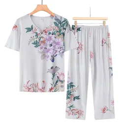 Middle Aged Mother Cotton Rayon Sleepwear Suit Summer Women's Short Sleeved Cropped Pants Pajamas Set Grandma Two Piece Pijama