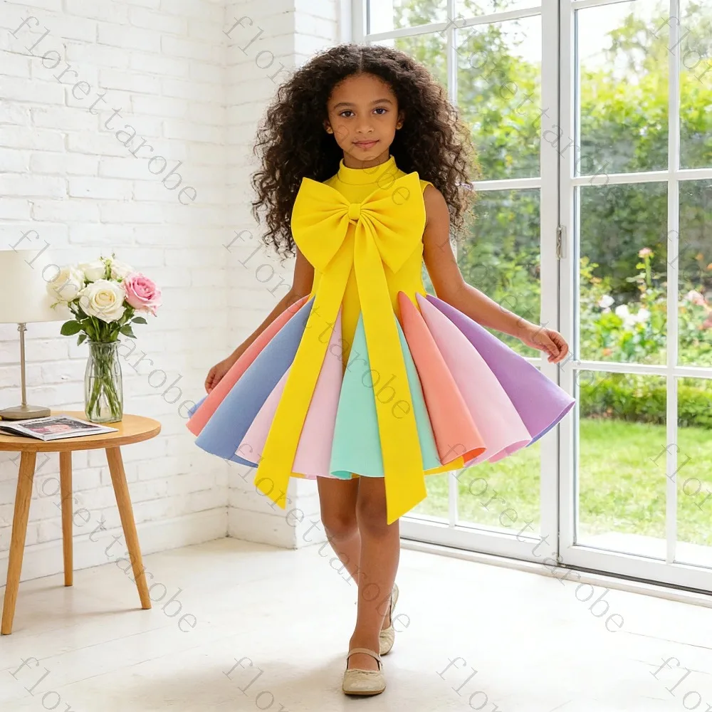 Customize Rainbow Bow Sleeveless Flower Girl Dress High Neck A Line Knee Length Satin Ball Gown Birthday Party Stage Performance