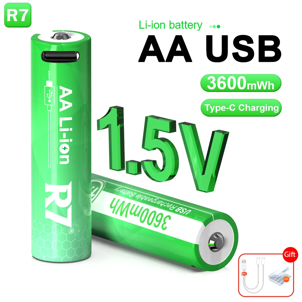 

USB Rechargeable 1.5V AA Lithium Battery, 3600mWh High Performance for Remote Control, Toys, Small Appliances + Cable