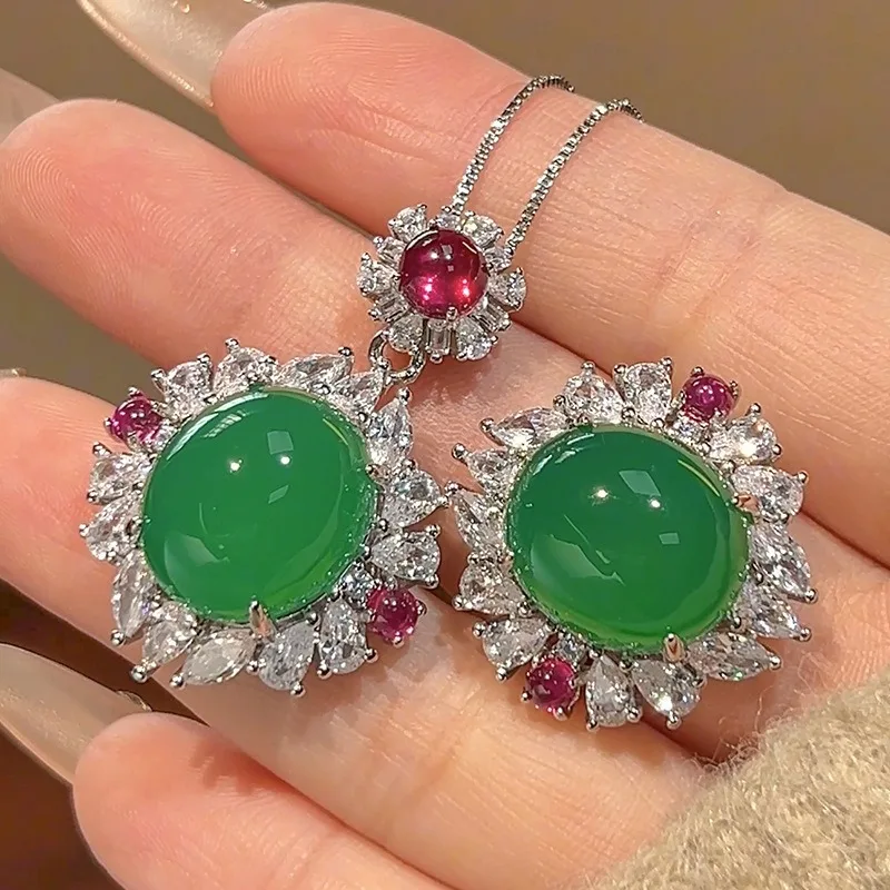 

Vintage Zircon Emerald Jade Flower Pendant Necklace Ring Light luxury Jewelry Set Wedding Anniversary Valentine Day Gift