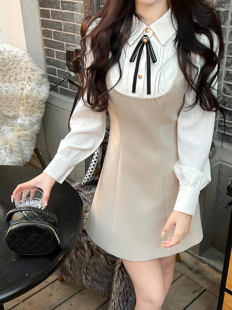 2023 Spring Fake Two Dress Sweet Woman Elegant Korean Fashion Y2k Mini Dress Long Sleeve Vintage Short Party Dress Casual Bow