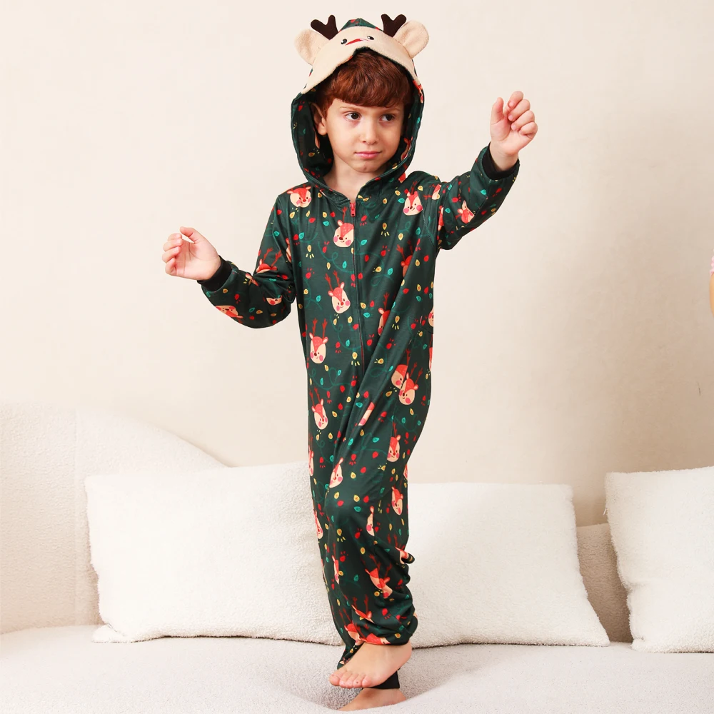 

2025 New Boys Girls Christmas onesies Clothing Set Kids Pajamas Allover Print Zipper Hooded Jumpsuit Children's Matching Outfits