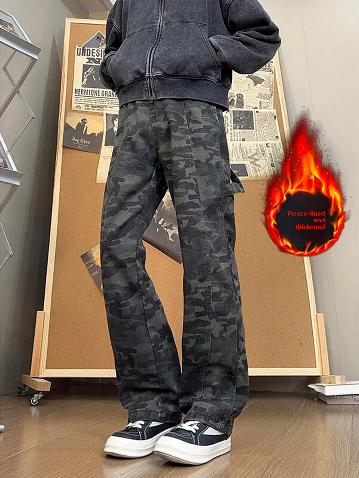 

Мужские джинсы-леггинсы American Sle Fce с камуфляжным принтом, утепленные, в стиле ретро, приталенные, прямые, зимние, повседневные, молодежные