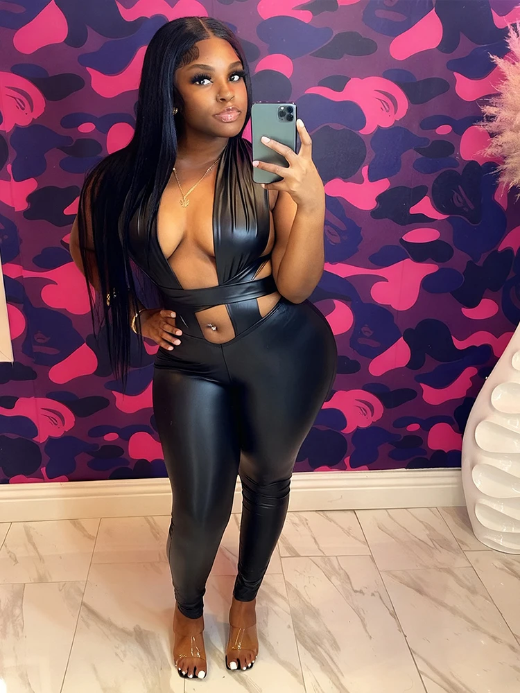 

Kliou Sexy Wild Style Jumpsuits Woman Open Collar Cross Bandage Backless Design Skinny Peach Hip Hot Girls High Street Overalls