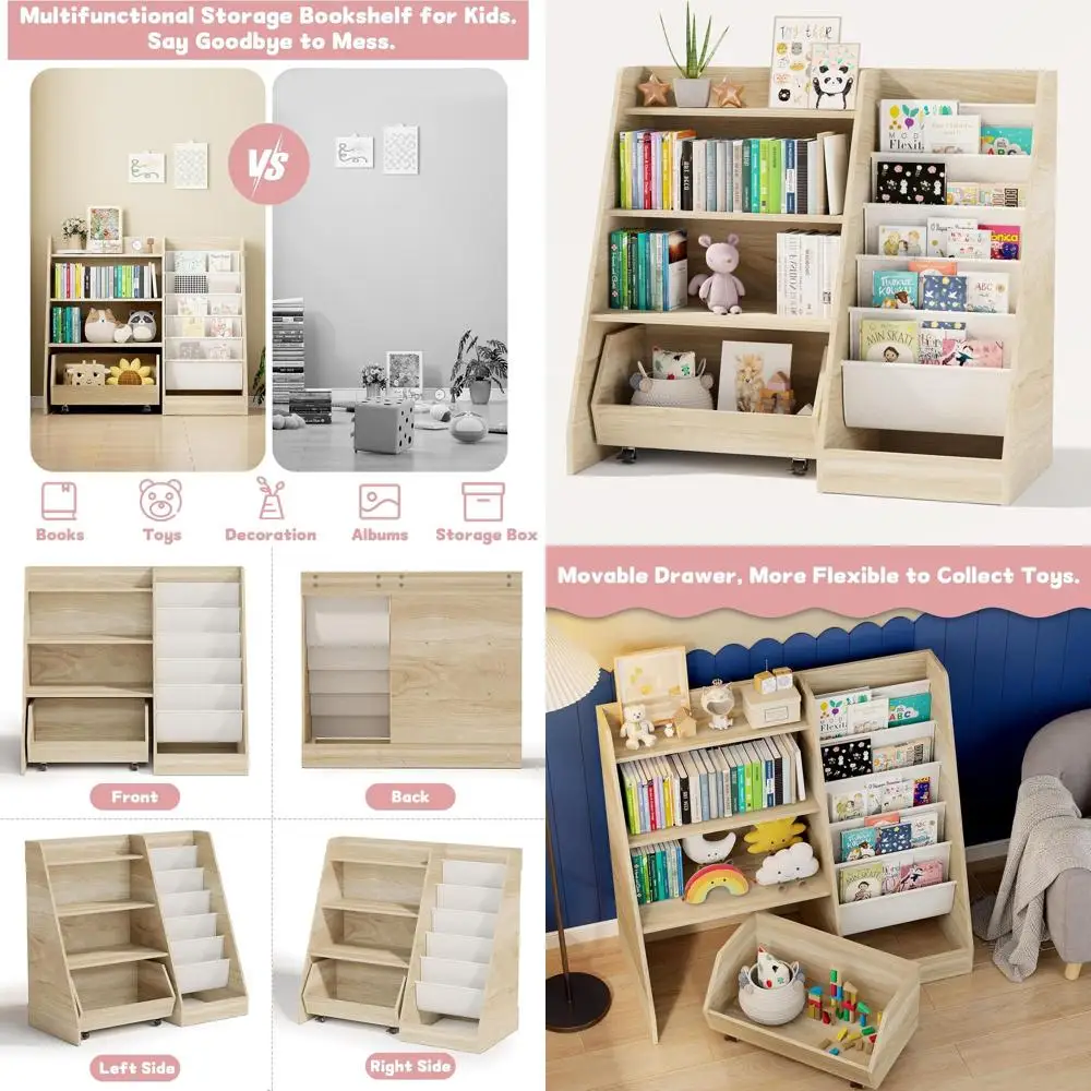 

Детская книжная полка из дуба с 4 ярусами и 5 подвесными корзинами для детской комнаты, игровой комнаты и хранения в яслях