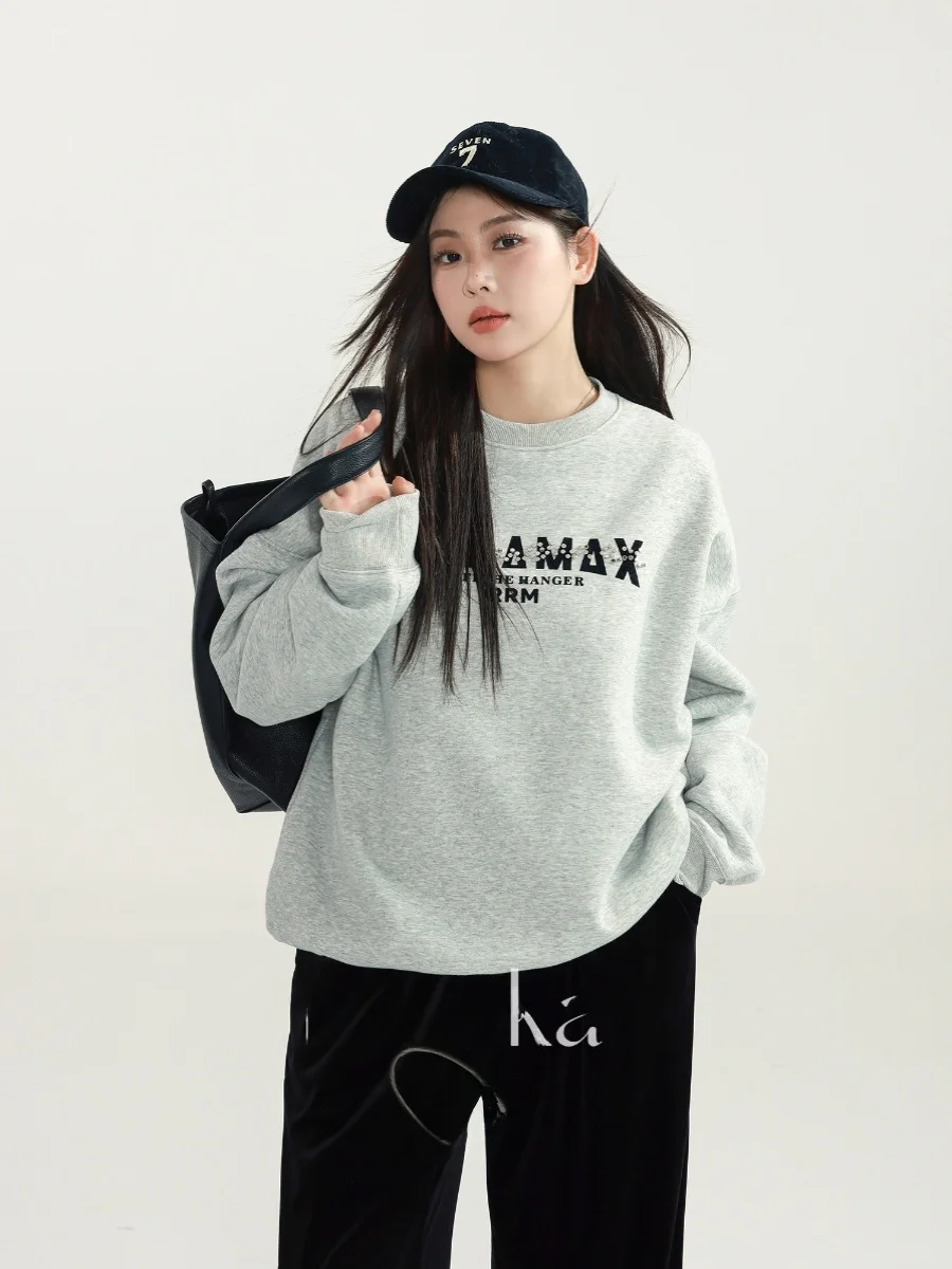 

Женская толстовка Monica больших размеров с круглым вырезом и буквенным принтом, повседневная, удобная, с высокой талией, из полиэфирного волокна, осень-зима