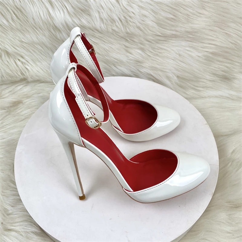 Keshangjia White Patent Leather Women Ankle Strap Stiletto Pumps Round headToe Sexy High Heel Shoes 10cm 12cm Customize 33-46