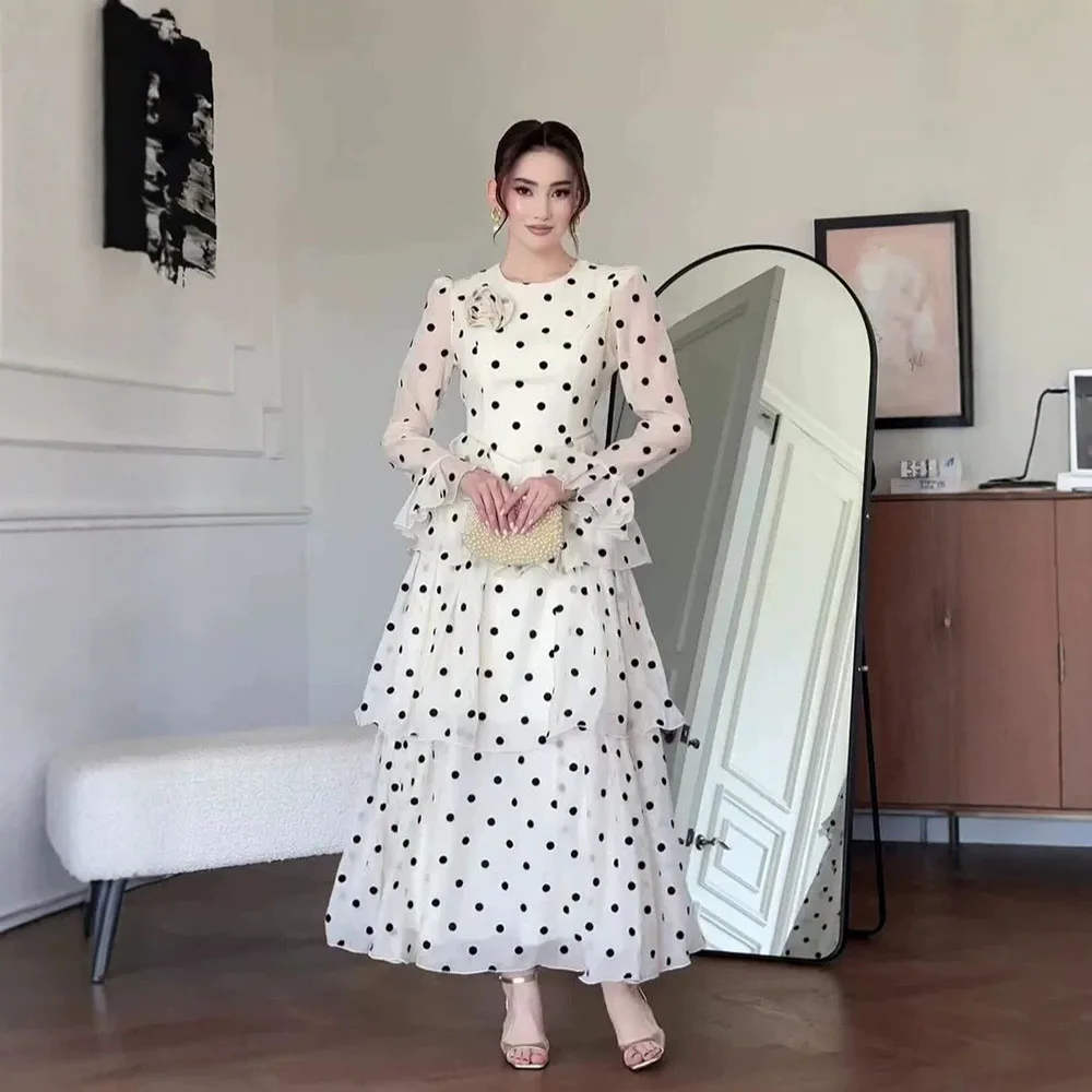 Vintage Polka Dot Long Sleeve Dress Elegant Women's A-Line Round Neck Ruffles Dresses Autumn New High Grade Female Long Dress