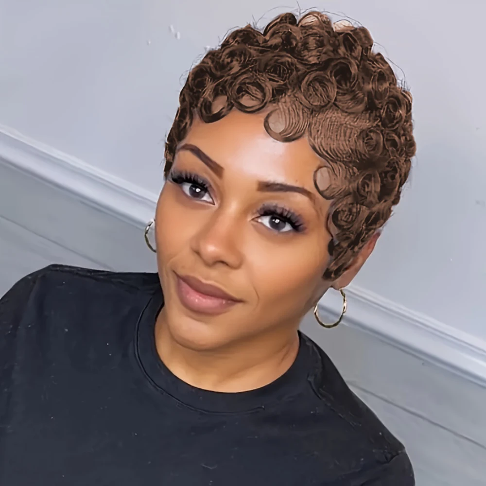 Pixie Cut Wig Short Curly Wave Human Hair Wigs For Women Full Machine Made Wig 150% Density 6 Inch