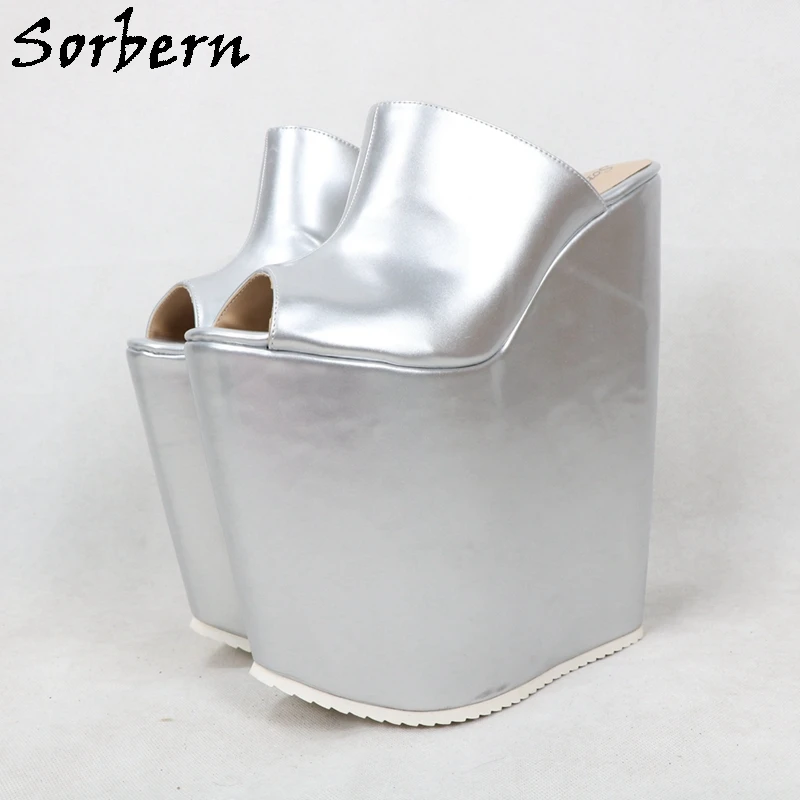 Sorbern 25Cm Silver Women Slippers Open Toe Summer Shoe Thick Platform Summer Slides Unisex Shoes For Drag Queens Custom Colors