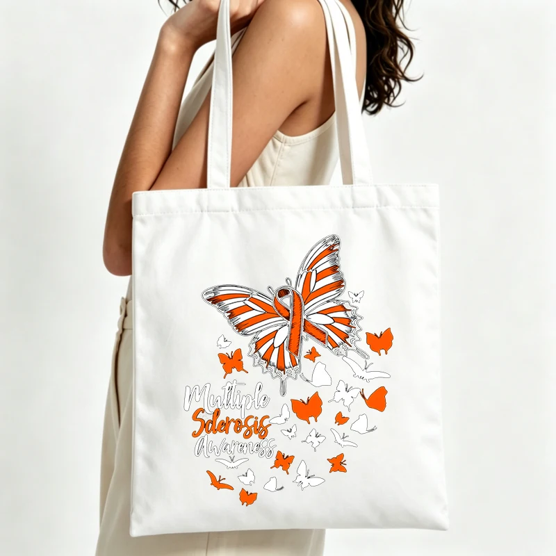 butterfly and orange ribbon print canvas tote bag, casual style for daily shopping and awareness events