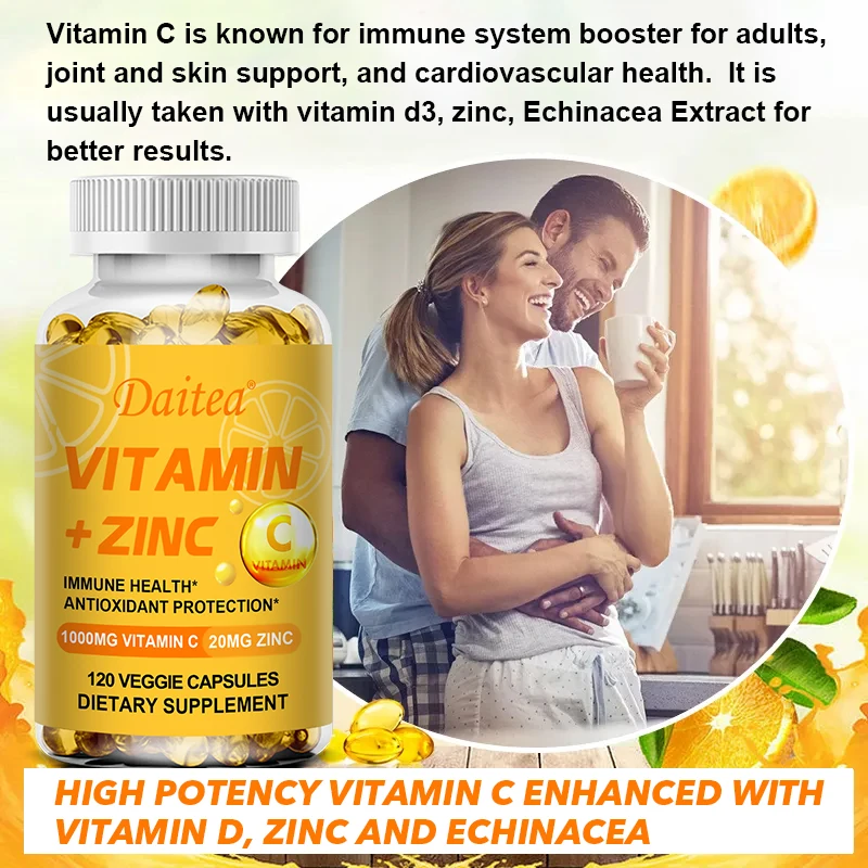 Daitea Vitamin C 1000mg + Zinc 20mg Capsule Supplement - Skin Health Cellular Energy Production Antioxidants