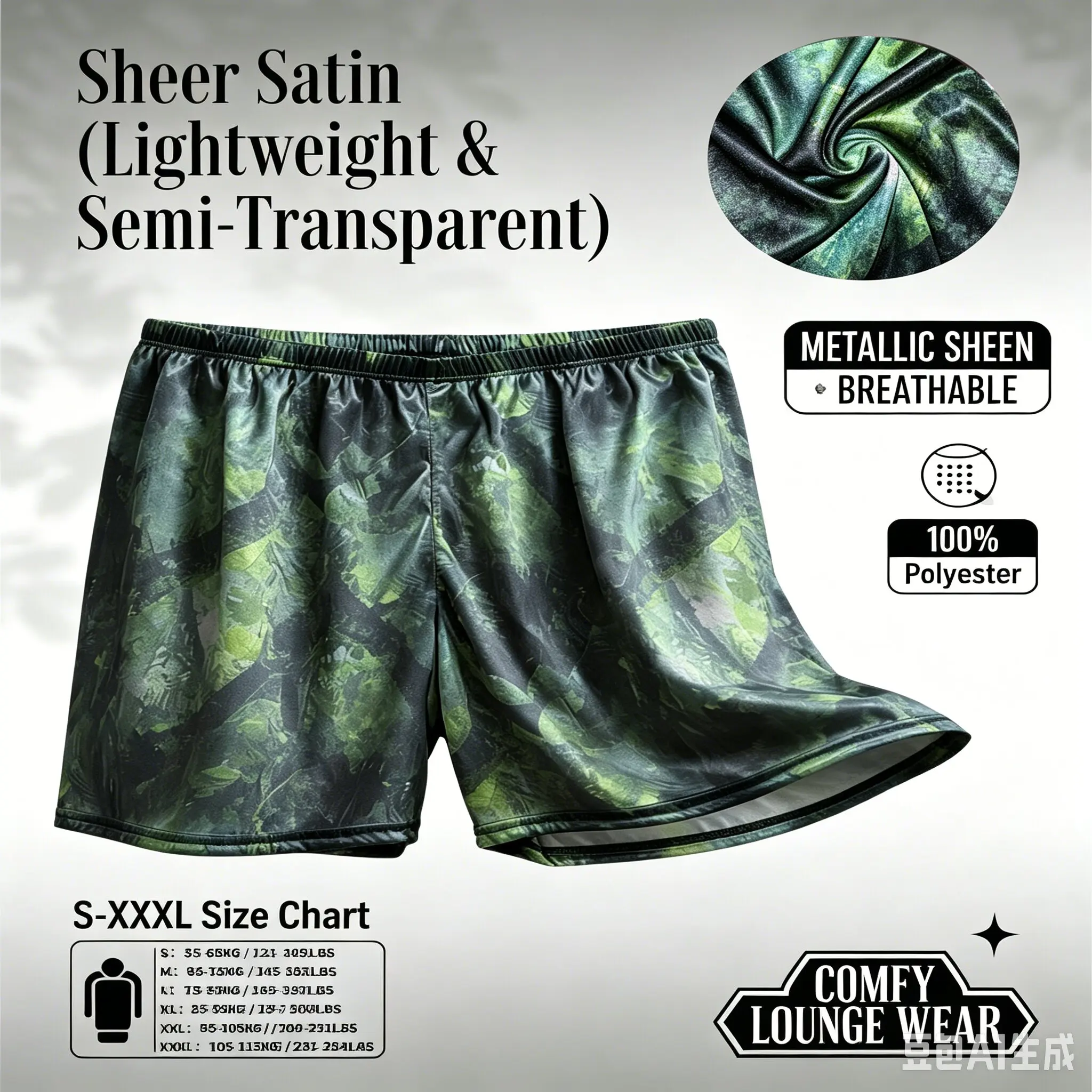 1 Piece Men's Lightweight Breathable Metallic Sheen Casual Home Loungewear - Camouflage Print Satin Sleep Shorts