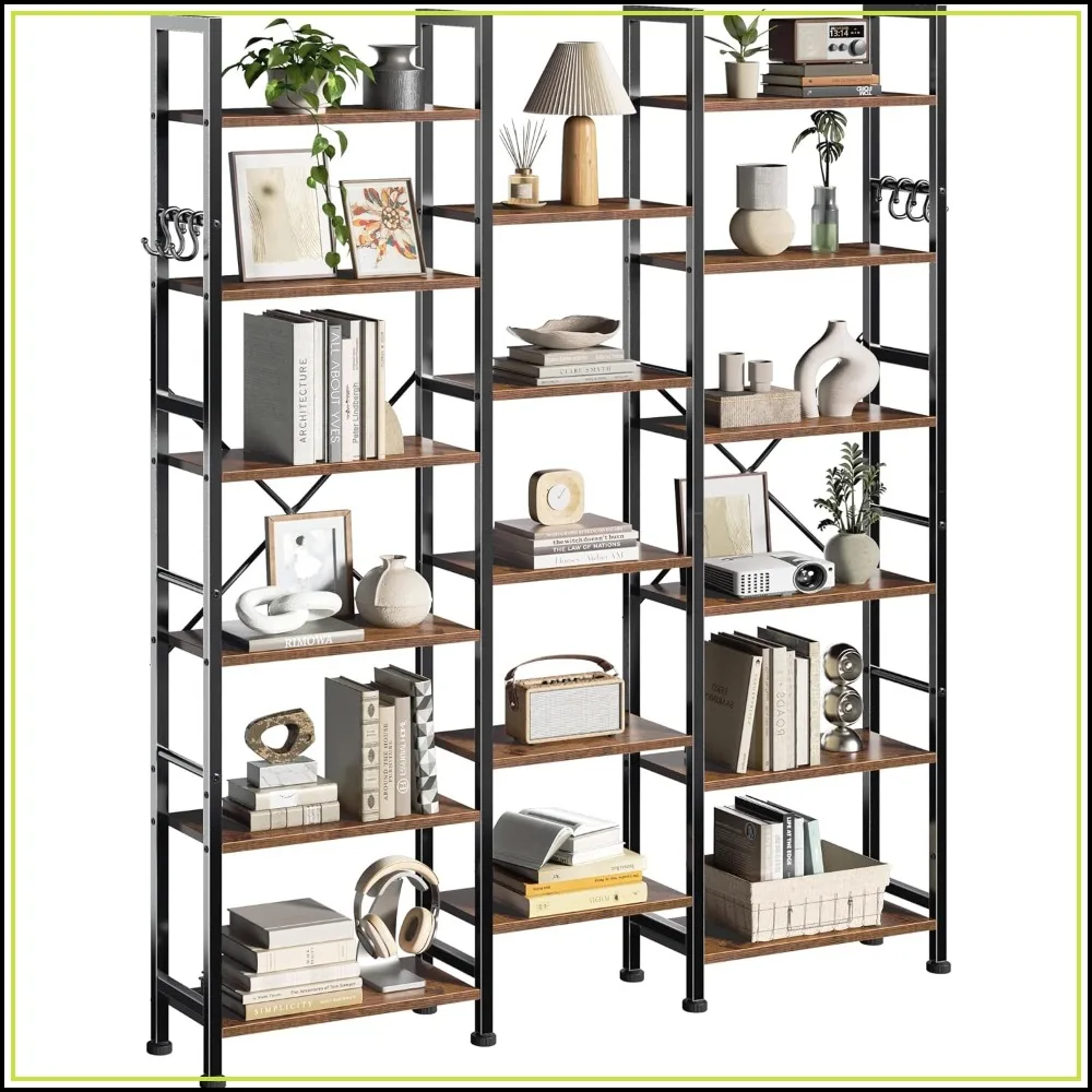 Triple 6 Tier Bookshelf with 17 Display Shelves, Rustic Brown