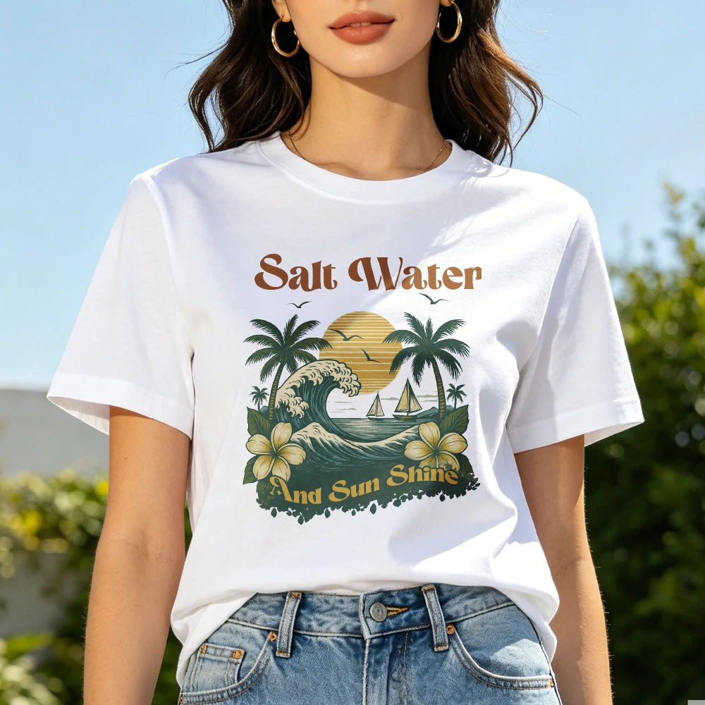 Salt Water And Sun Shine Graphic Tee Tropical Palm Sailboat Sunset Summer Vacation Men WomenCotton Top Breathable Summer Shirt