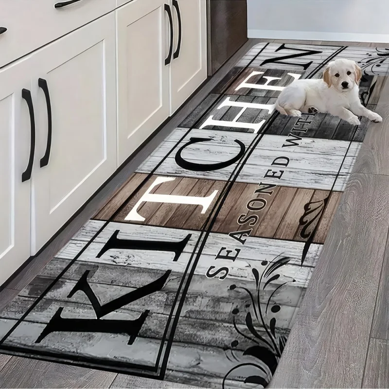VIKAMA Retro Wood Grain Kitchen Rug American Country Style Entrance Door Mat Non-Slip Easy Clean Bedroom Carpet Home Decor