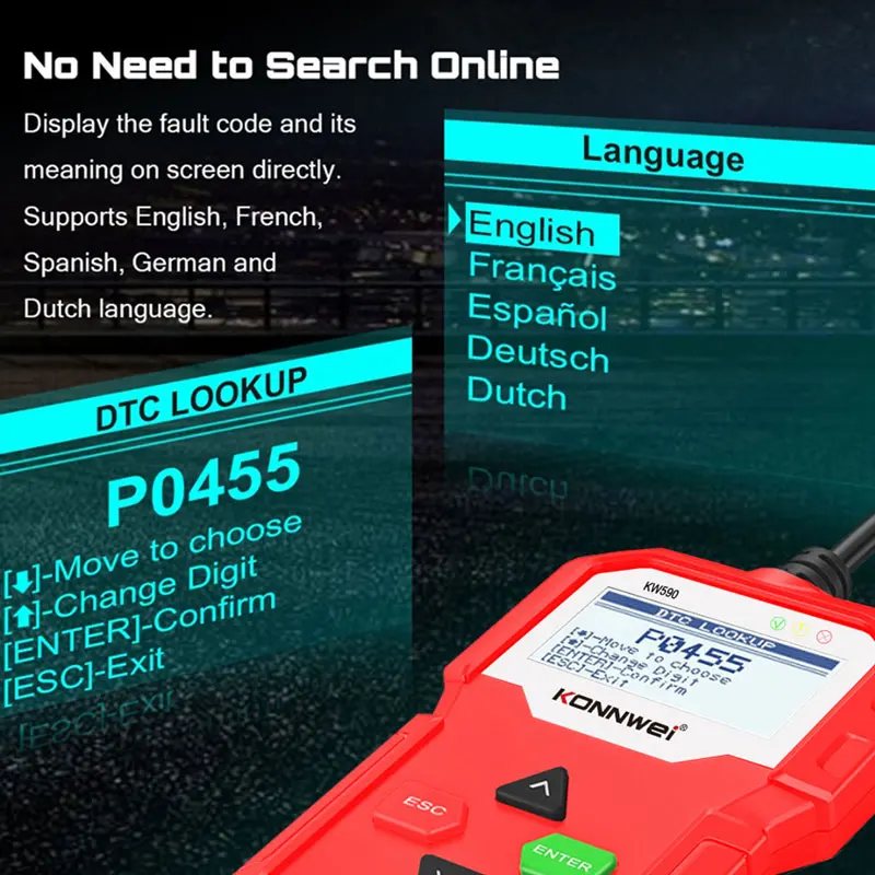 أدوات تشخيص السيارات KONNWEI KW590 قارئات رمز Obd للسيارات تدعم العلامات التجارية المتعددة للسيارات واللغات تحديث مجاني الماسح الضوئي obd2 #4