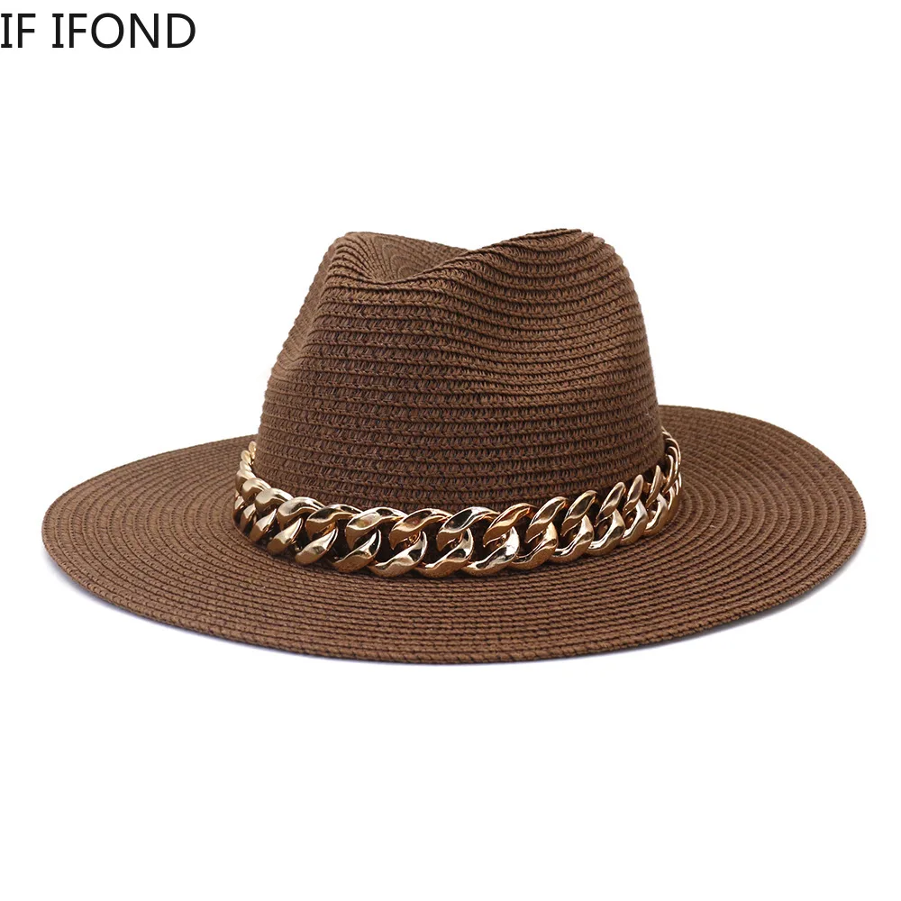 Fashion Gold Chain Belt Panama Straw Hats For Women Summer Breathable Beach Sun Hats Elegant Ladies Party Jazz Hat