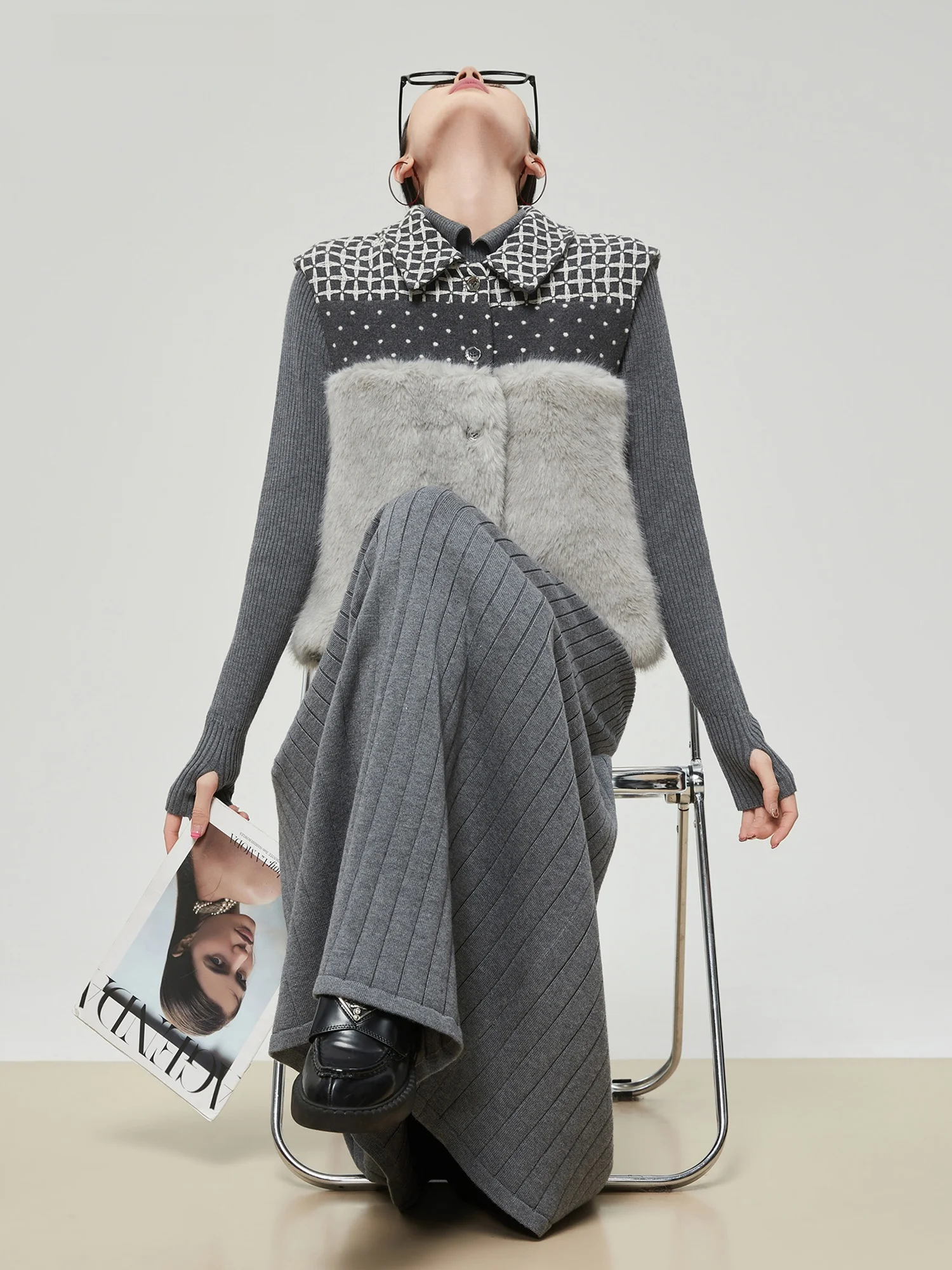 

Thiened ort Svel Faux Fur Vest Women's Retro Sle Patchwork Outerwear Polka Dot And Plaid Design Daily Wear