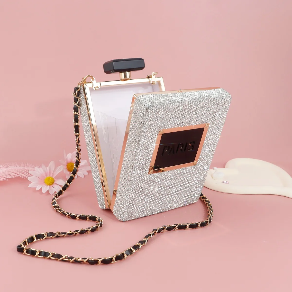 Luxury Rhinestone Evening Bags Acrylic Paris Perfume Shaped Bag Purses Clutch Vintage Banquet Handbag Shoulder Crossbody Bags