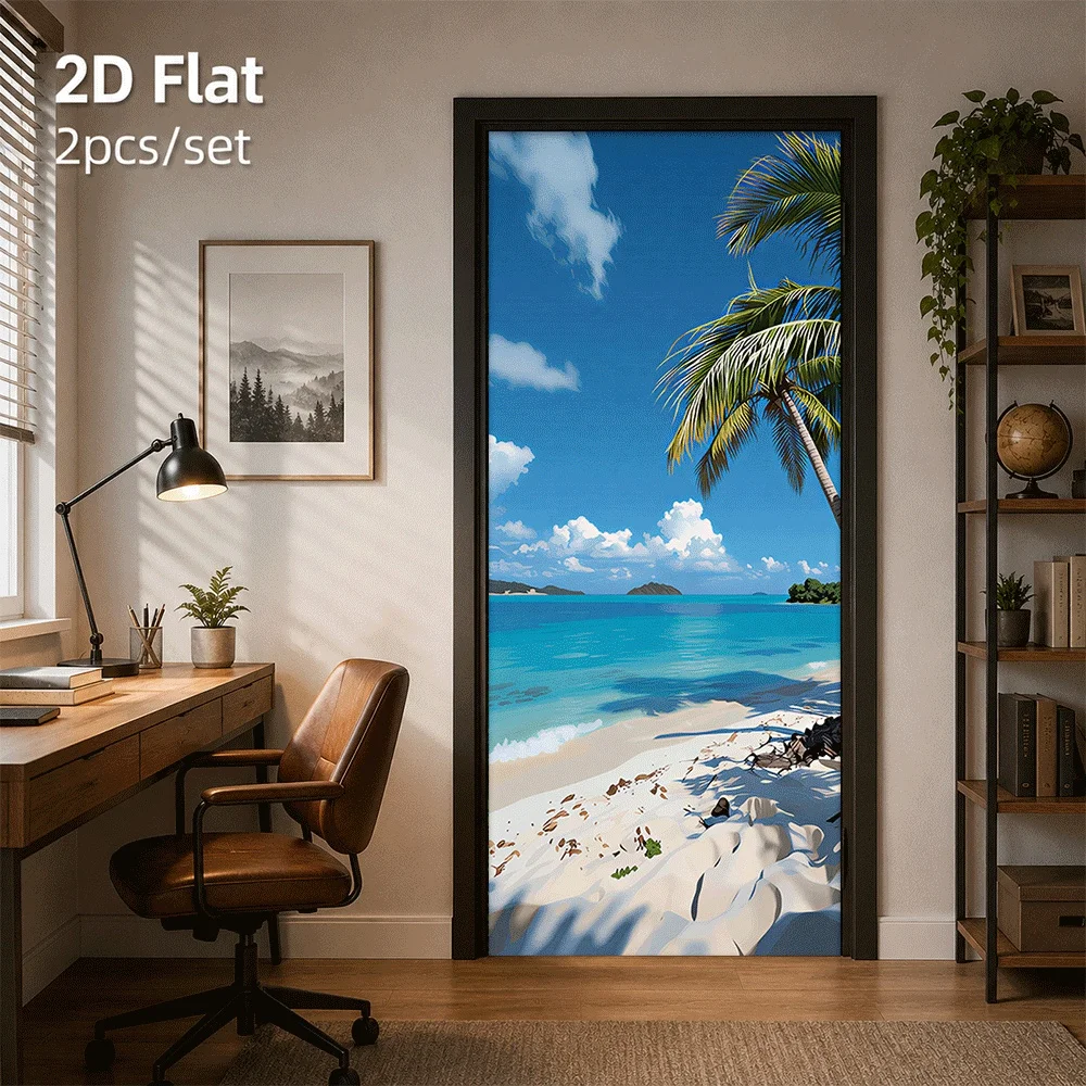 1 tropical beach door sticker coconut tree sea view decoration sticker bedroom background wall layout 2D plan