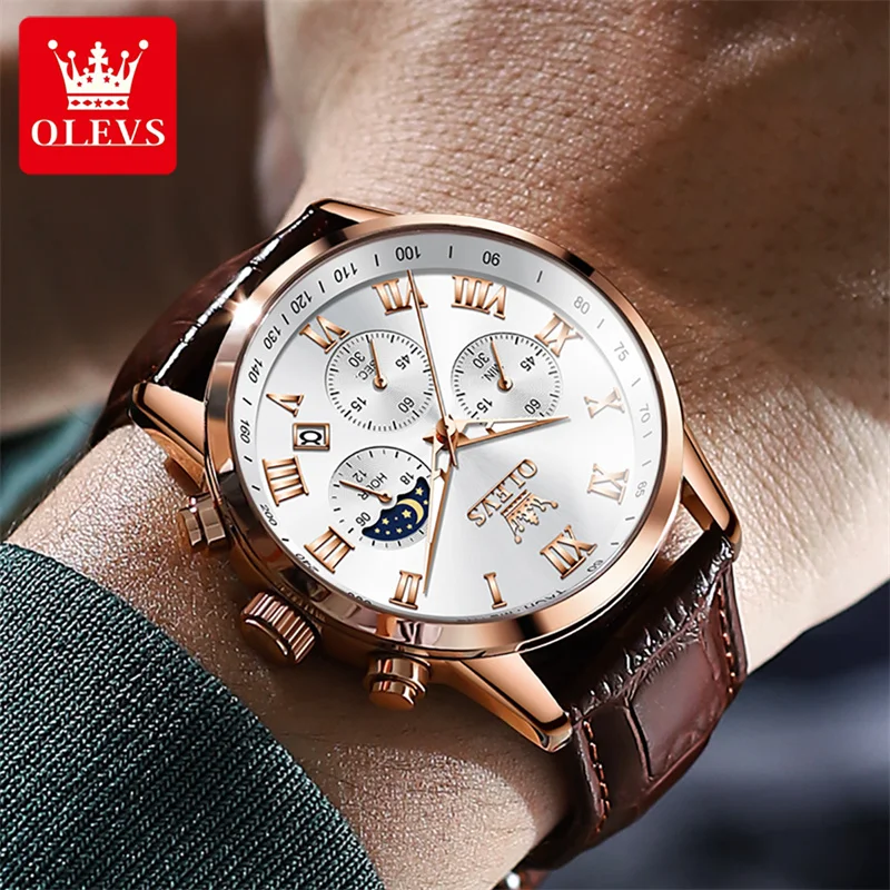

OLEVS Top Luxury Brand Silver Black Dial Men Sports Watches Men's Quartz Clock Leather Moon Phase Watch Male Reloj Hombre