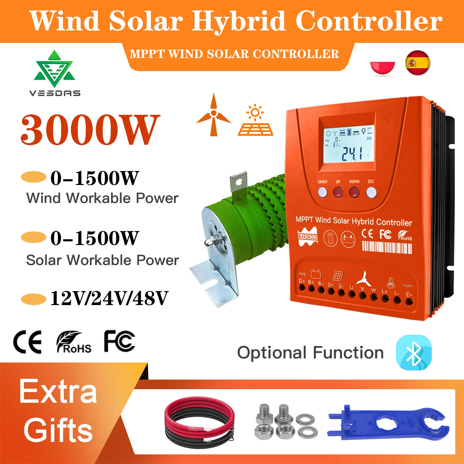MPPT 3KW وحدة تحكم الرياح الشمسية الهجينة 12V24V48V مع بلوتوث، شاشة LCD، جميع البطارية تستخدم للألواح الشمسية أو مولد الرياح