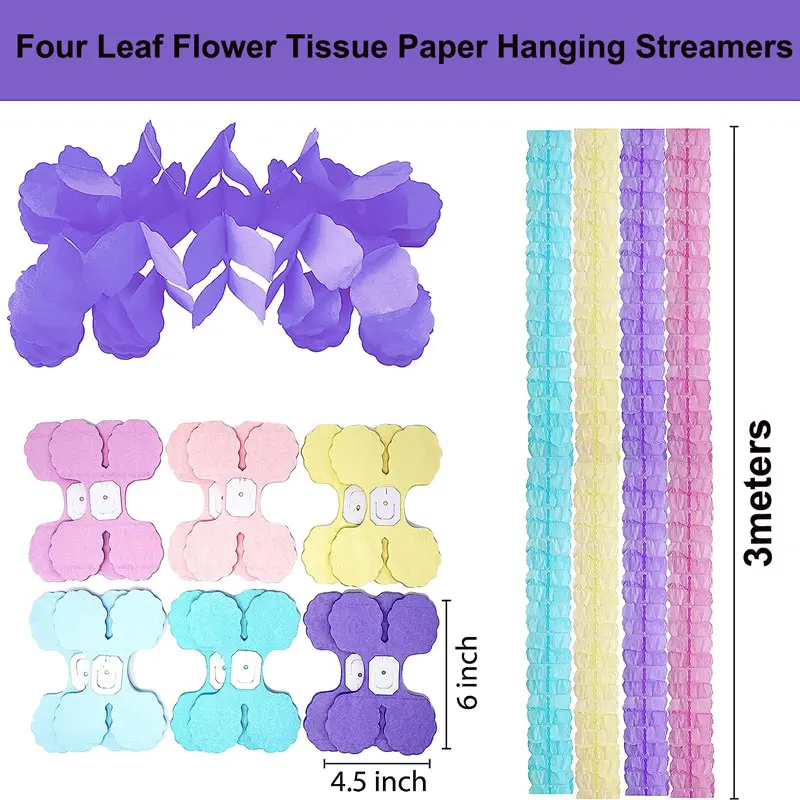 3Meters 3D Four Leaf Flower Tissue Paper Hanging Streamers Oranment for Birthday Wedding Baby Shower Party Home Decor