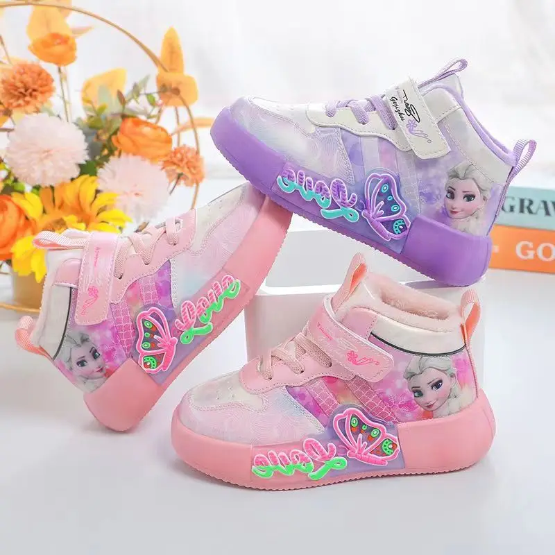 Disney Girls Casual Shoes Autumn Winter Kids Sports Shoes Frozen Elsa Princess Girls High Top Plus velvet Warm Sneakers 25-36