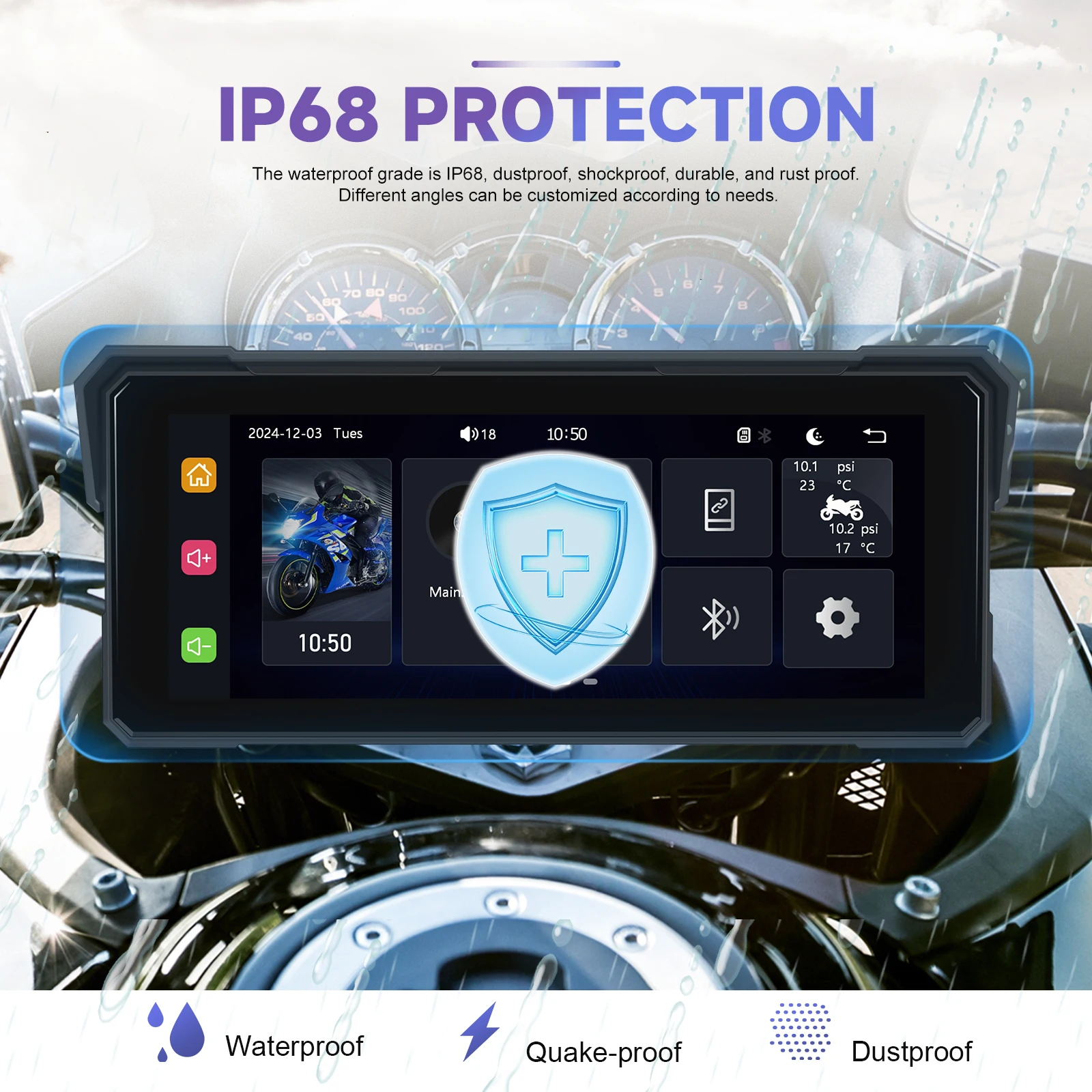 Podofo, schermo da 8,1 pollici per cruscotto moto, con Carplay wireless, Android Auto, lettore multimediale intelligente per moto, impermeabile IP68, equalizzatore audio, supporto Bluetooth e Airplay,
