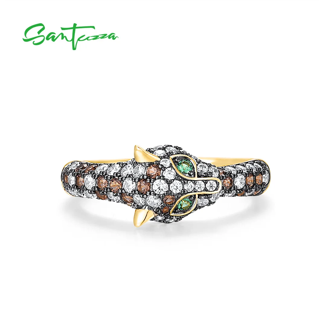 SANTUZZA 925 Sterling Silver Rings For Women Nano Brown Spinel White CZ Leopard Ring Unique Delicate Animal Trendy Fine Jewelry