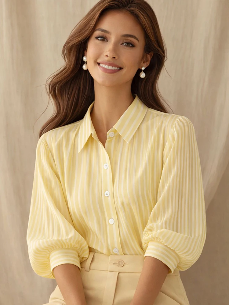 

Vintage American Striped Shirt Women Loose Puffy Sleeve Summer Sweet Blouse Casual Retro Female Single Breasted Elegant Tops