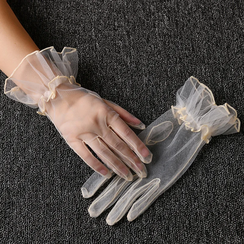 Retro Spring Summer Women Short Tulle Gloves White Black Wedding Gloves Stretchy Lace Full Finger Mittens Mesh Translucent Glove image 3