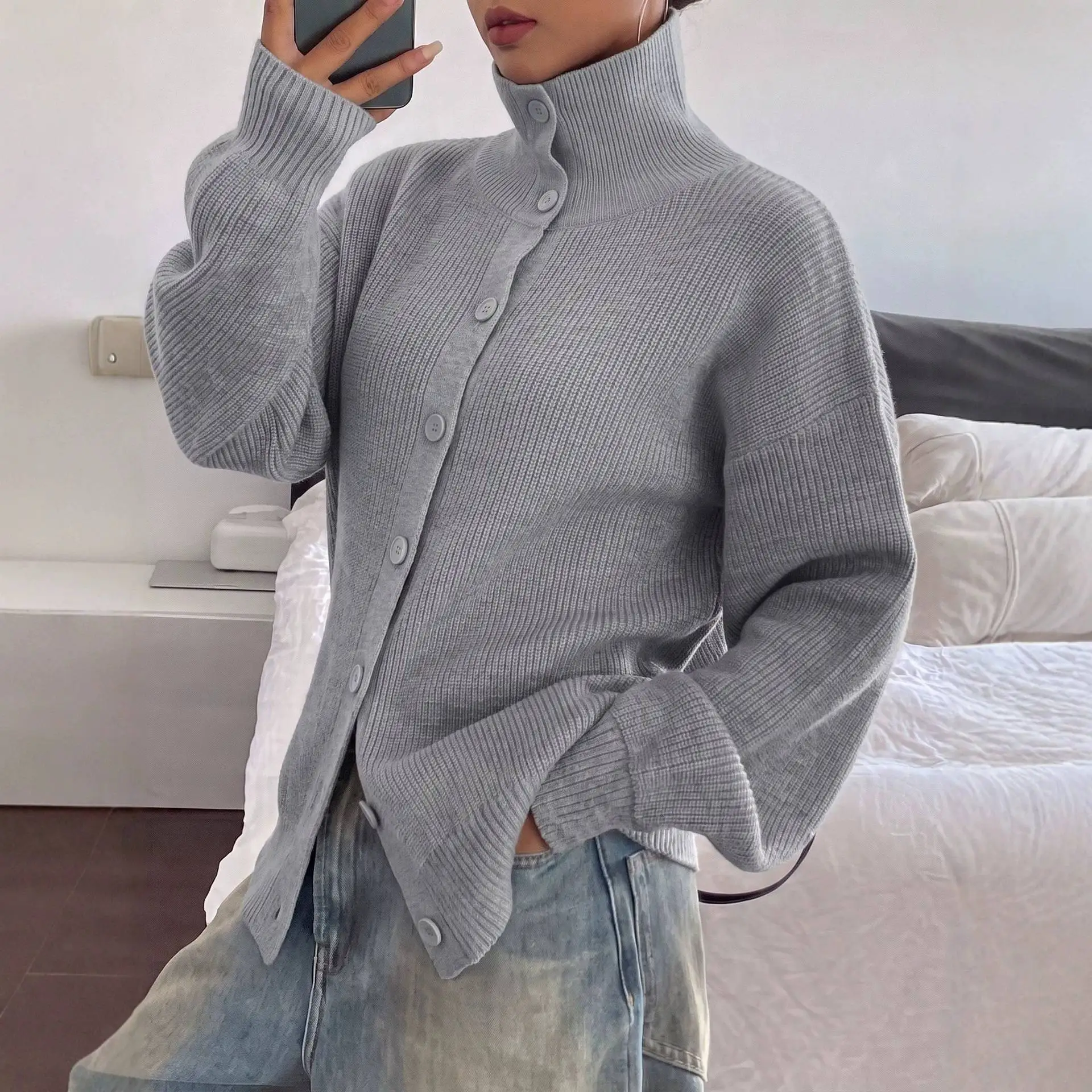 Retro Style Open Front Single Button Loose Knitted Sweater Jacket Women's Comfortable Fit Stand Collar Long Sleeve Coat
