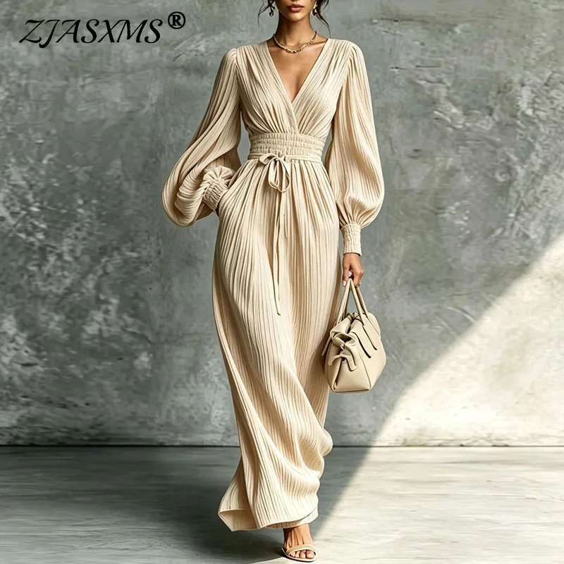 Women Pleated Waist Cincher Dress Deep V Neck Solid Lantern Long Sleeve Pockets Flowy Maxi Dress Autumn Vacation Casual Sundress