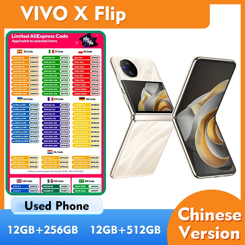 هاتف ذكي Vivo X Flip 5G شاشة أندرويد 6.74 بوصة 4400 مللي أمبير 44 وات شحن ROM 256GB 50MP كاميرا وحدة المعالجة المركزية Snapdragon 8 + Gen1 هاتف مستعمل